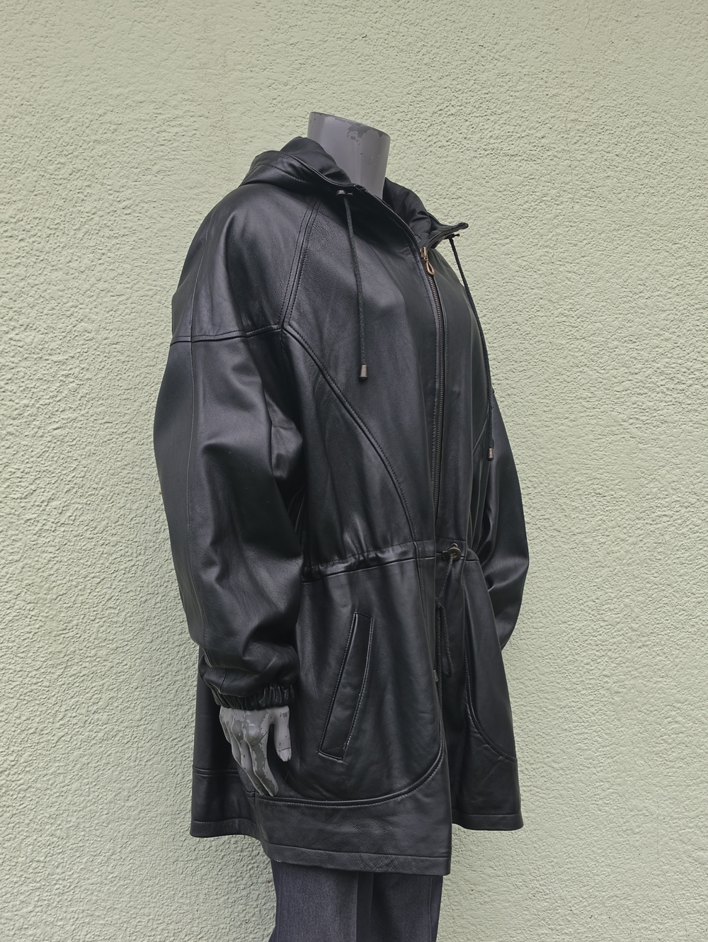 Charles Klein Woman Black Hooded Genuine Leather Coat Drawstring/Zip Closure